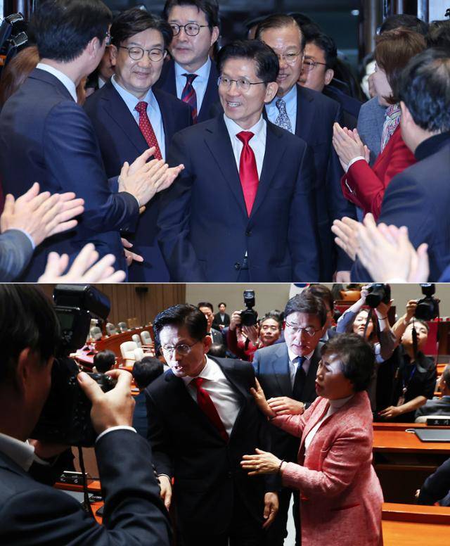 김문수(맨 앞 가운데) 국민의힘 대선 후보가 9일 서울 여의도 국회에서 권영세(뒷줄 오른쪽) 비대위원장, 권성동 원내대표와 의원총회에 입장하며 박수를 받고 있다(위 사진). 김 후보가 지도부를 향해 "무소속을 당 후보 만들려는 불법부당 행위를 중단하라"는 입장을 밝힌 뒤 의총장을 떠나자 의원들이 붙잡고 있다. 뉴스1