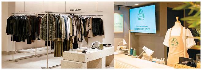 스웨덴 스톡홀름 H&M 매장 내 중고 의류 '프리-러브드' 섹션(왼쪽). 리유니클로 스튜디오는 고객이 맡긴 옷을 수선하고 재활용해주는 서비스를 제공한다. H&M·유니클로