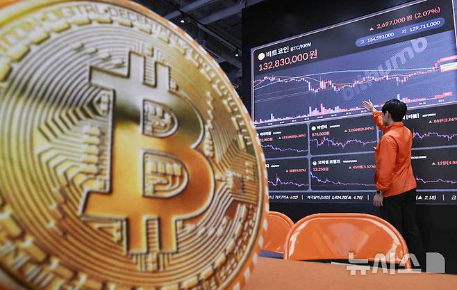 [서울=뉴시스] 8일(현지 시간) 암호화폐 데이터 업체 코인 메트릭스에 따르면 비트코인 가격은 5%가량 상승한 10만881.90(약 1억5300만원)달러에 거래됐다고 CNN이 보도했다. 사진은 서울 강남구 빗썸 라운지 전광판에 비트코인 시세가 나오고 있는 모습. 2025.05.09.