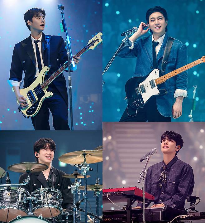 [서울=뉴시스] 밴드 '데이식스(DAY6)'가 14일 오후 서울 잠실실내체육관에서  단독 콘서트 '웰컴 투 더 쇼(Welcome to the Show)'를 펼치고 있다. 최근 발매한 미니 8집 '포에버' 타이틀곡 '웰 컴 투 더 쇼'로 시작한 이날 공연은 360도 무대를 중심으로, 좌석 규모를 최대화해 관객 수용력을 높였다. 보통 해당 공연장에서 콘서트를 여는 경우 5000~6000명이 모이는데 이날 1만1000명 이상이 운집할 수 있었던 이유다. 지난 12일부터 총 3회 공연이 열려 3일간 총 3만4000명이 몰렸다. 자체 최대 규모의 공연으로 대세 데이식스의 인기를 확인했다. (사진 = JYP엔터테인먼트 제공) 2024.04.14. photo@newsis.com *재판매 및 DB 금지