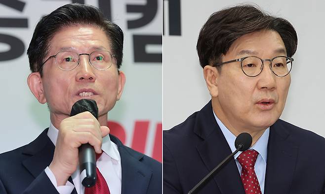 국민의힘 김문수 대선후보(왼쪽), 국민의힘 권성동 원내대표. 연합뉴스