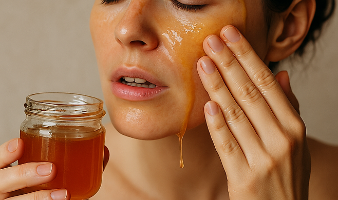 얼굴에 꿀을 바르고 있는 여성