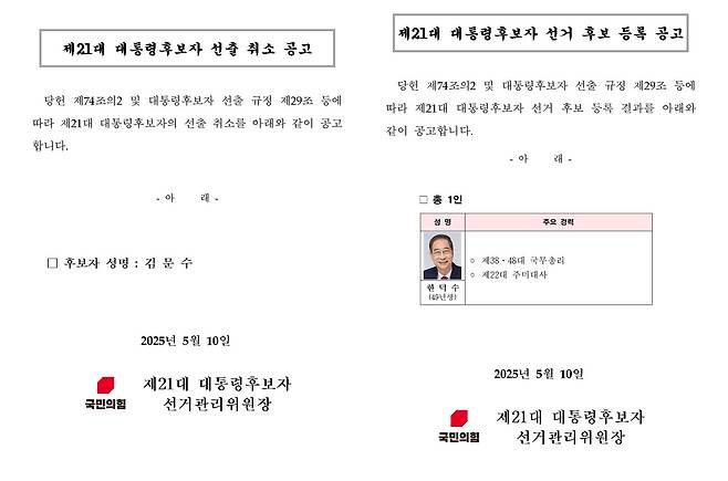 10일 새벽 국민의힘 홈페이지에 공고된 김문수 제21대 대통령후보자 선출 취소 공고 및 한덕수 후보 등록 공고문.국민의힘은 이날 새벽 김문수 후보의 대선 후보 자격을 취소하고 한덕수 후보를 단독으로 등록했다. (국민의힘 홈페이지 캡처)/뉴스1