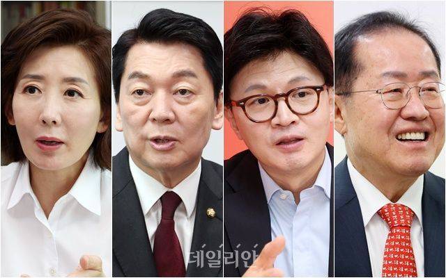 국민의힘 나경원(왼쪽부터) 의원, 안철수 의원, 한동훈 전 대표, 홍준표 전 대구광역시장 ⓒ데일리안 홍금표 기자