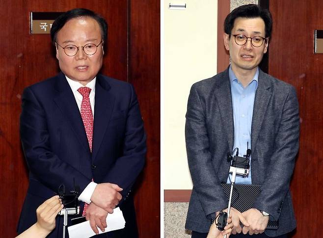 김문수 대선 후보 측 김재원(왼쪽 사진) 비서실장과 한덕수 무소속 대선 후보 측 손영택 전 국무총리 비서실장이 9일 오후 서울 여의도 국회에서 '김문수-한덕수 대선후보 측 단일화 협상'을 마치고 각각 취재진의 질문에 답변하고 있다. ⓒ뉴시스