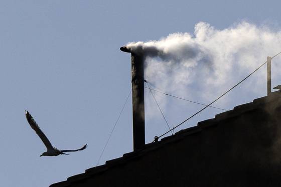 지난 8일 오후 시스티나 성당에서 신임 교황 선출을 알리는 흰 연기가 피어오르고 있다.. [EPA=연합뉴스]
