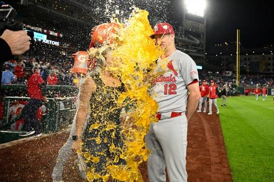인터뷰 중인 페디를 음료수로 축하해주는 동료들. 사진[AP=연합뉴스]
