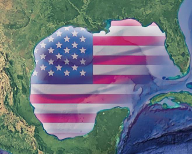 미국 남동부와 멕시코 북동부, 그리고 섬나라 쿠바로 둘러싸인 바다 위에 미국 국기인 성조기가 합성된 모습. 오랫동안 국제 사회에서 ‘멕시코만’으로 불려 온 이 바다 이름이 도널드 트럼프 미국 행정부 출범 후 ‘미국만’으로 변경됐다. 세계일보 자료사진