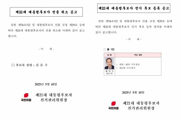국민의힘 대선 후보 교체 공고 홈페이지에 공고 - 10일 새벽 국민의힘 홈페이지에 공고된 김문수 제21대 대통령후보자 선출 취소 공고 및 한덕수 후보 등록 공고문. 국민의힘은 이날 새벽 김문수 후보의 대선 후보 자격을 취소하고 한덕수 후보를 단독으로 등록했다. 국민의힘 홈페이지·뉴스1