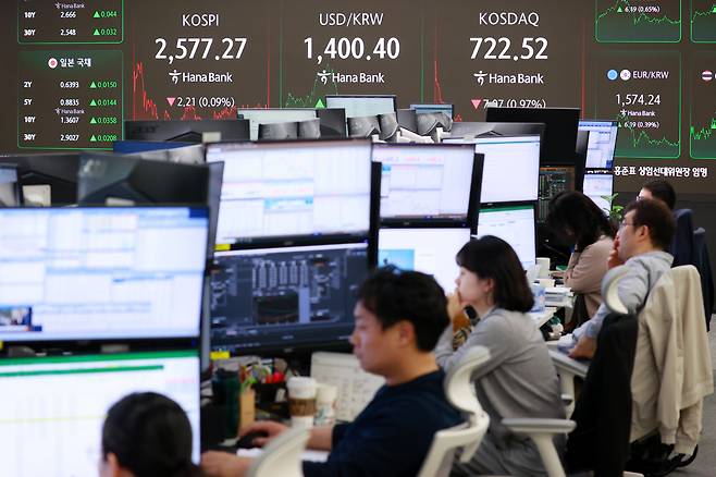 서울 명동 하나은행 딜링룸에서 직원들이 일하고 있다. / 연합뉴스