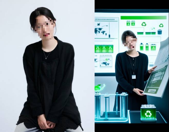 지난 7일 서울 마포구 KT플라자 홍대 애드샵 플러스의 'AI체험존'에서 찍은 AI 프로필 사진(왼쪽)과 AI가 그려낸 미래의 직업 모습이 담긴 사진이다. 사진=박수빈 기자