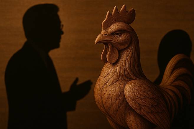 이재명 더불어민주당 대선 후보의 핵심PI로 설정된 '목계지덕(木鷄之德)'을 챗GPT를 통해 형상화한 이미지. '나무로 만든 닭의 덕'이라는 뜻의 목계지덕은 장자 달성편에 나오는 이야기로, 완전히 자신의 감정을 제어할 줄 아는 능력을 의미한다.