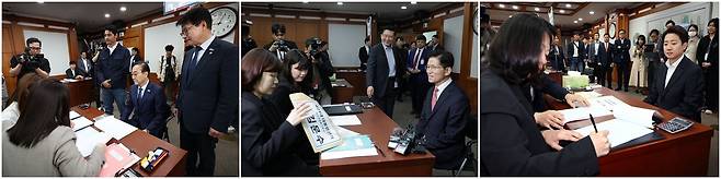 왼쪽부터 10일 이재명 더불어민주당 대선 후보를 대신해 후보 등록을 하고 있는 김윤덕 사무총장, 이날 후보 등록을 한 김문수 국민의힘 대선 후보, 전날 후보 등록을 한 이준석 개혁신당 대선 후보. [연합]