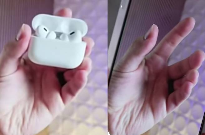 실제 에어팟을 손에 들고 찍은 사진(왼쪽)과 ‘아이폰 AI지우개’ 기능으로 에어팟을 없앤 사진(오른쪽)  [사진, 맥스 테크(Max Tech)]