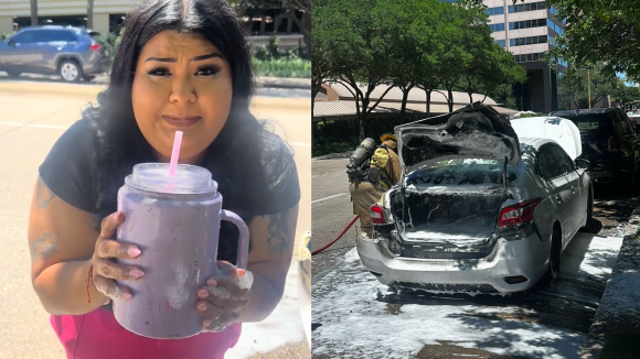 비비아나 곤잘레스(왼쪽)는 자신의 차량이 전소된 모습(오른쪽) 틱톡에 공개해 화제가 됐다. 틱톡 캡처