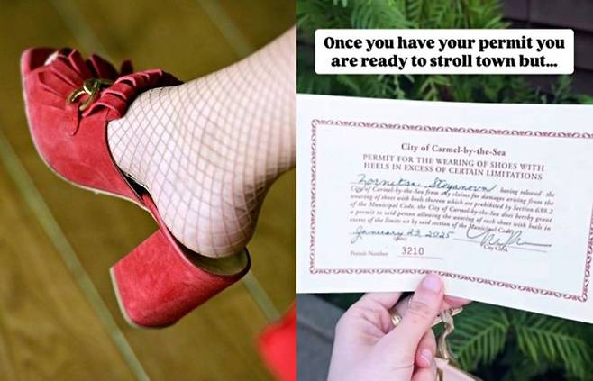 미국 캘리포니아주의 카멜바이더시를 방문한 여행 블로거 '조리'가 하이힐 착용 허가증을 받은 모습(오른쪽). 왼쪽은 하이힐 관련 자료사진. 조리 인스타그램·픽사베이