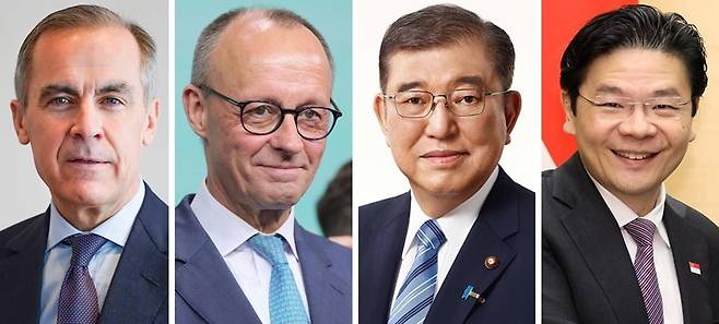 ‘트럼프 관세’에 대해 세계 각국이 국내 선거와 신내각 구성 혹은 협상팀 구성 등을 통해 반격을 본격화하고 있다. 미국과 직접 협상해 관세 부과를 철회시키려고 하거나 ‘미국 없는 다자 국제 질서’ 수립을 위해 국제사회의 세를 규합하려는 움직임이다. 사진은 왼쪽부터 마크 카니 캐나다 총리, 프리드리히 메르츠 독일 총리, 이시바 시게루 일본 총리, 로렌스 웡 싱가포르 총리./위키피디아