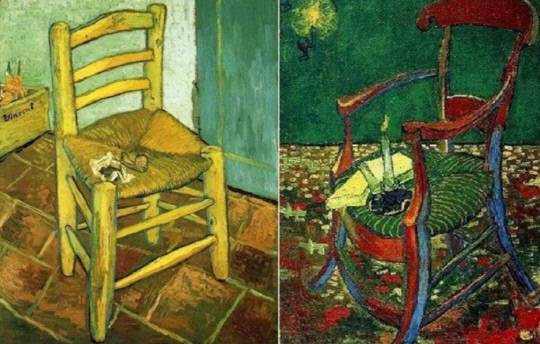 (왼쪽) 반 고흐의 의자(Van Goah's chair), 92 x 74㎝, 1888, 폴 고갱의 의자(Paul Gauguin's chair), 90.5 x 72.7㎝, 1888, 이 두 작품은 단순한 정물이 아니라, 서로를 향한 시선과 성격을 드러낸 상징적 초상이다. 런던 국립미술관, 암스테르담 반 고흐 미술관