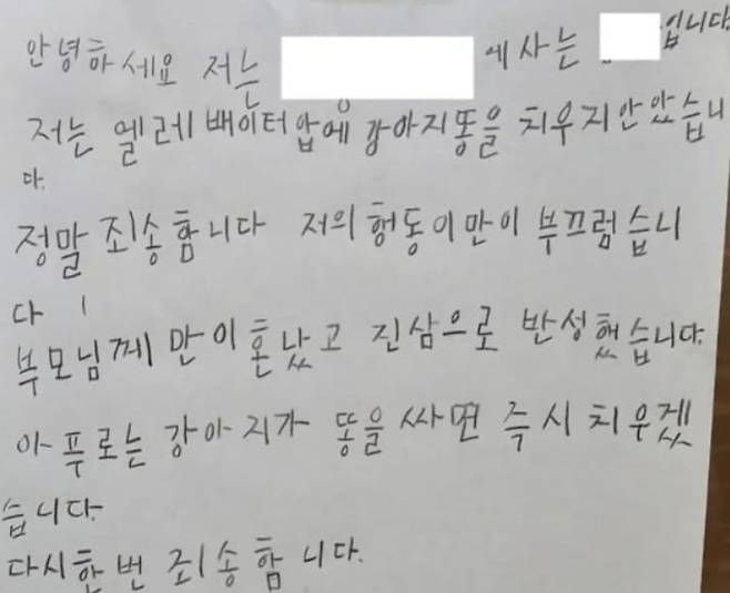 A 씨 자녀가 쓴 사과문. 온라인커뮤니티 캡처