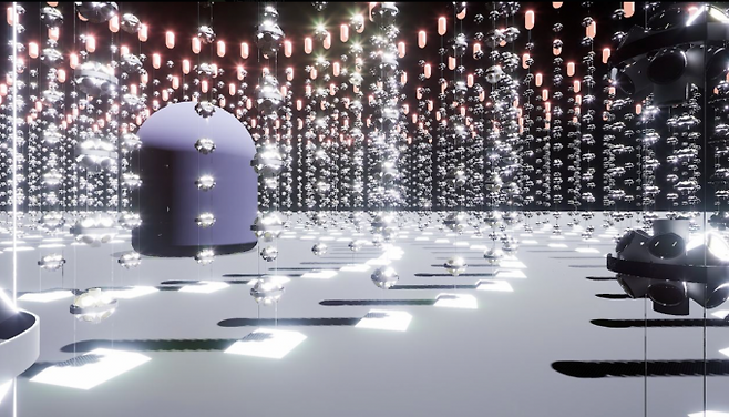 동해 심해 중성미자 검출기 상상도. 왼쪽의 돔형 구조물은 일본 양성자가속기연구소(J-PARC)에서 날아온 중성미자 빔을 검출하고 주변으로 늘어선 해저 검출기들은 우주에서 날아온 중성미자를 잡아낸다. 유종희 서울대 교수 제공