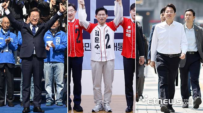 제21대 대통령선거 공식 선거운동이 12일 시작됐다. 왼쪽부터 청계광장에서 출정식에 나선 이재명 더불어민주당 대선 후보, 여의도 당사에서 출정식을 가진 김문수 국민의힘 대선 후보, 연세대를 찾은 이준석 개혁신당 대선 후보.  이동근기자 foto@etnews.com·연합뉴스