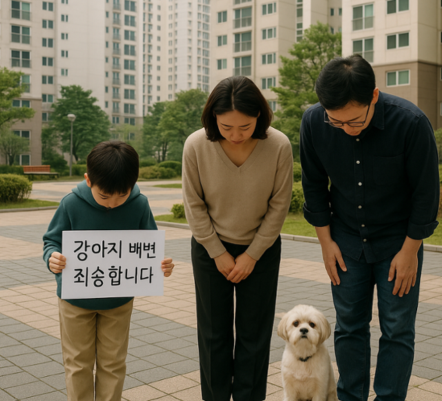 아이가 산책시키던 반려견의 배설물을 방치해 둔 문제와 관련해 부모와 아이가 함께 이웃에게 사과하는 모습을 인공지능(AI)으로 생성한 이미지. 챗GPT달리 4.0 이미지 생성