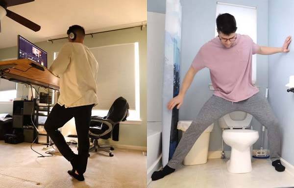 루카스 볼은 실험 기간 동안 스탠딩 데스크를 사용했으며, 화장실에서 스쿼트 자세로 볼일을 봤다./사진=유튜브 채널 'pigmie'
