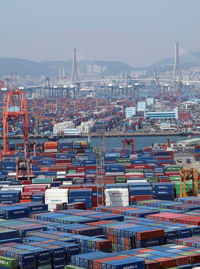 12일 관세청에 따르면 이달 1~10일 수출·수입이 미국발 관세전쟁 여파 등으로 두자릿수 감소했다. 이날 부산 남구 신선대 및 감만 부두 야적장에 수출입 컨테이너가 가득 쌓여 있다. 뉴시스