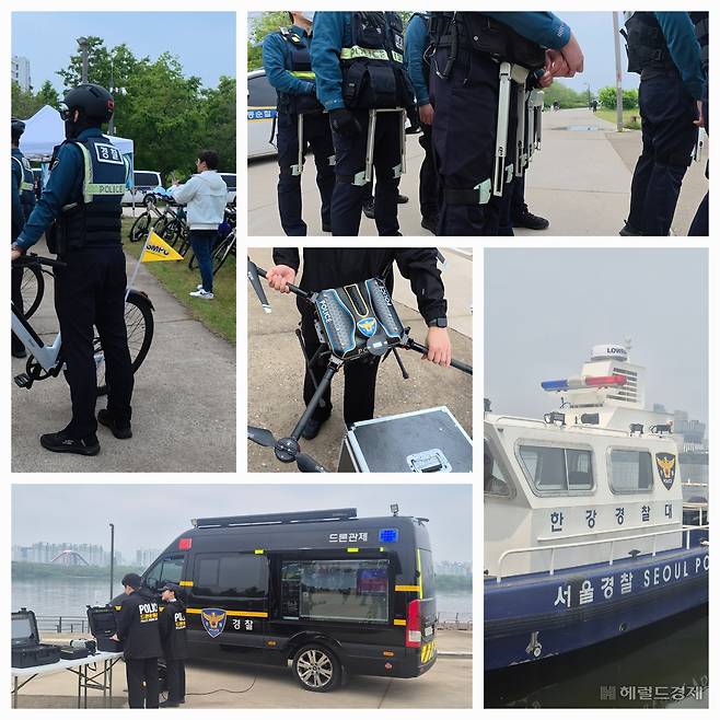 지난 11일 서울 영등포구 여의도 한강공원에서 서울경찰청 기동대원들과 한강경찰대원들이  ‘K스마트 순찰’을 시범운영 중이다. 김도윤 기자