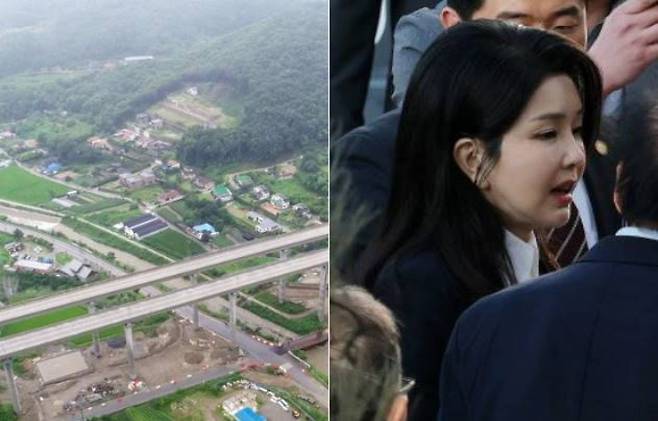 서울-양평고속도로 원안 노선의 종점인 양평군 양서면 일대 모습과 대통령 관저를 나와 서초구 사저에 온 김건희 여사 모습. 연합뉴스·황진환 기자