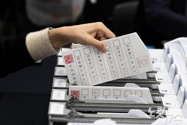 지난달 10일 오후 경기도 과천시 중앙선거관리위원회에서 열린 제21대 대통령 선거 투·개표 절차 시연회에서 선관위 관계자가 투표지 분리기를 통과한 투표지를 꺼내고 있다. 과천=황진환 기자