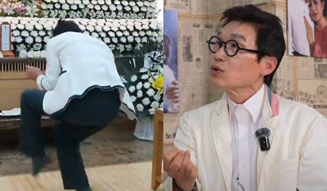 개그맨 선배인 서세원 장례식에서 트레이드마크인 ‘숭그리당당’ 춤을 추고 있는 김정렬의 모습. 유튜브 채널 ‘가수 지은숙’, ‘클레먹타임’ 갈무리