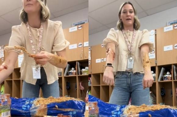 미국에서 한 초등학교 교사가 글쓰기 수업을 진행하던 중 학생들에게 ‘디테일’에 대한 깨달음을 주기 위해 땅콩버터와 딸기잼을 몸에 바른 사연이 화제다. 틱톡 캡처