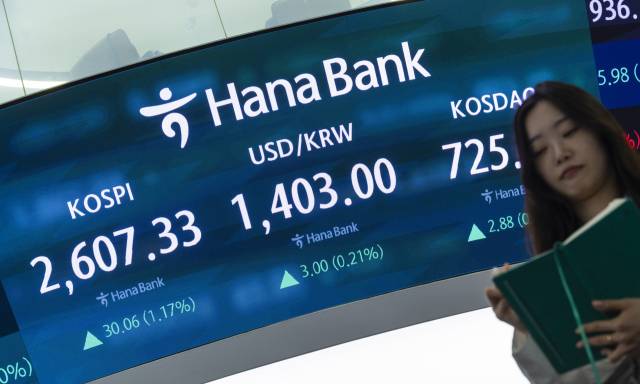 12일 서울 중구 하나은행 본점 딜링룸의 전광판에 이날 거래를 마감한 코스피와 코스닥지수, 원·달러 환율이 표시돼 있다. 이날 코스피는 전 거래일 대비 30.06포인트(1.17%) 오른 2607.33으로 마감했다. 연합뉴스