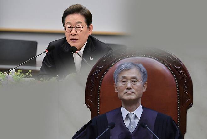 (오른쪽)조희대 대법원장이 이례적인 속도로 (왼쪽)이재명 더불어민주당 대선 후보의 공직선거법 사건 신속 심리·판결을 해, 여론의 뭇매를 맞고 있다. 법조계와 정치권 안팎에서 "사법이 정치에 개입했다"는 비판이 거세졌고, 사법부 개혁이 새로운 의제로 떠올랐다. ⓒ시사저널 양선영 디자이너·연합뉴스