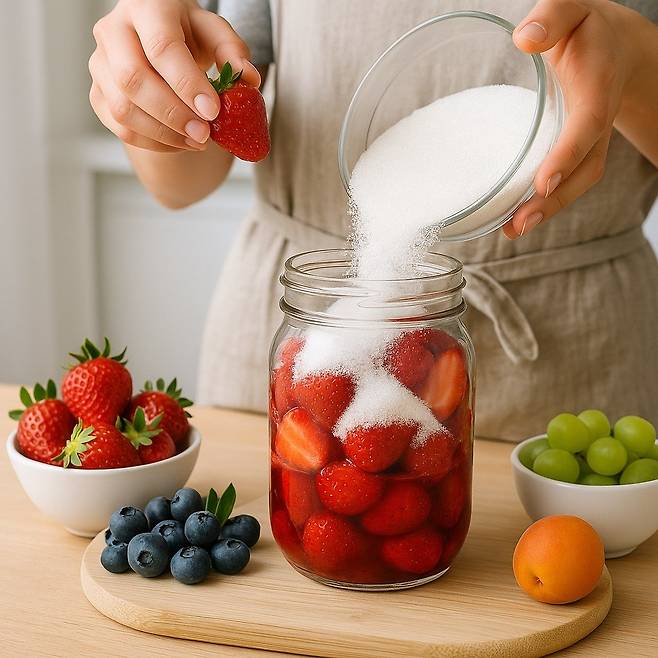 과일과 설탕으로 과일청 제조하는 모습          사진제공 ｜자생한방병원 챗GPT 생성