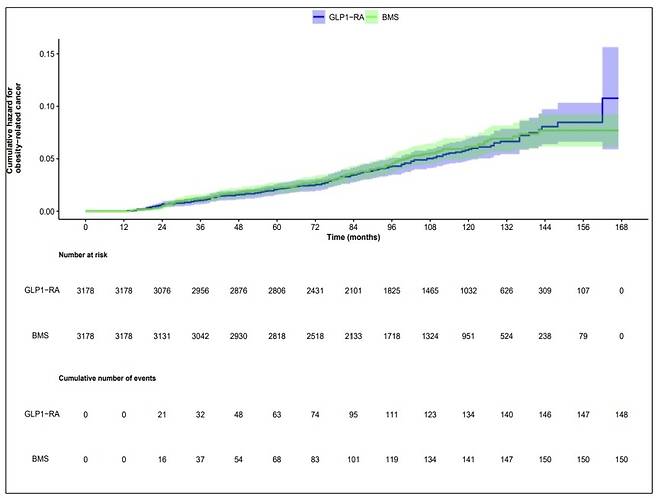 1세대 GLP-1RA와 비만 수술(BMS)의 비만 관련 암 위험 예방 효과 비교  1세대 글루카곤 유사 펩타이드-1 수용체 작용제(GLP-1RA)는 체중 감량 효과 외에도 비만 관련 암 위험을 줄이는 직접적인 효과가 있는 것으로 나타났으며, 예방 효과는 비만 수술과 비교해 41% 더 큰 것으로 분석됐다. [eClinicalMedicine / Yael Wolff Sagy et al. 제공. 재판매 및 DB 금지]