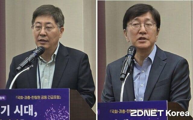 STEPI 박기범 수석연구위원(왼쪽)과 서울대 김영오 공대학장. 이들은 13일 국회의원회관서 열린 과학기술 인재양성 정책 포럼에서 각각 주제강연했다.