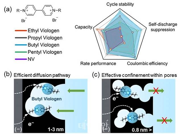 a) 바이올로젠의 치환기 변화에 따른 셀 성능 변화 모식도, b) 1-3 nm 크기의 기공 내에서 BV의 흡착 및 확산 경향, c) 0.8 nm 이하의 미세기공에서 BV와 기공 간 매칭을 통한 자가방전 억제 메커니즘. ⓒ광주과학기술
