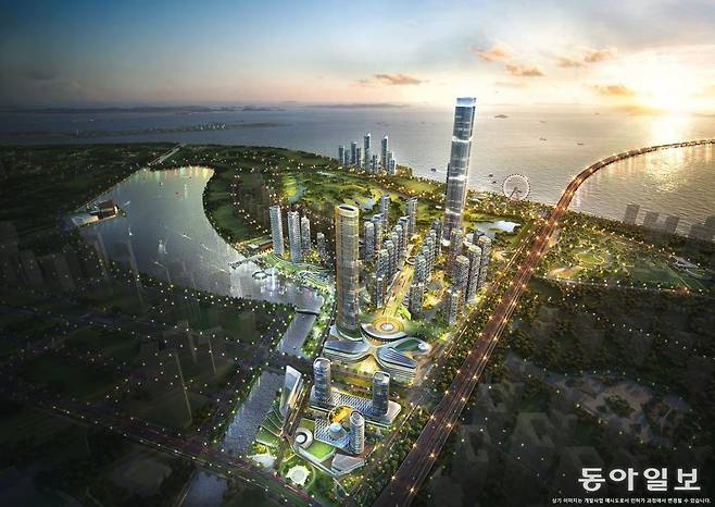 인천 송도국제도시 6·8공구에 들어설 송도 랜드마크 타워(그림 뒤쪽 가장 높은 빌딩).  인천국제공항 제5활주로가 본격 운영에 들어가면 송도까지의 거리가 13.4㎞에 불과해 층수를 더 낮춰야 한다는 의견도 있다. 인천경제청 제공