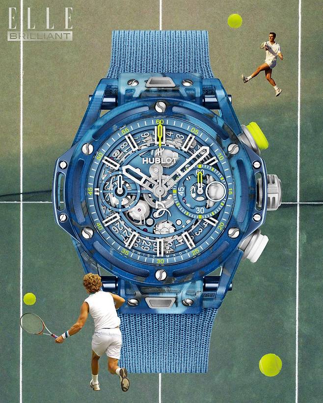브라스 소재의 유니코 매뉴팩처 크로노그래프 무브먼트를 새롭게 개발해 무게를 27% 줄인 ‘빅뱅 유니코 노박 조코비치’는 HUBLOT.