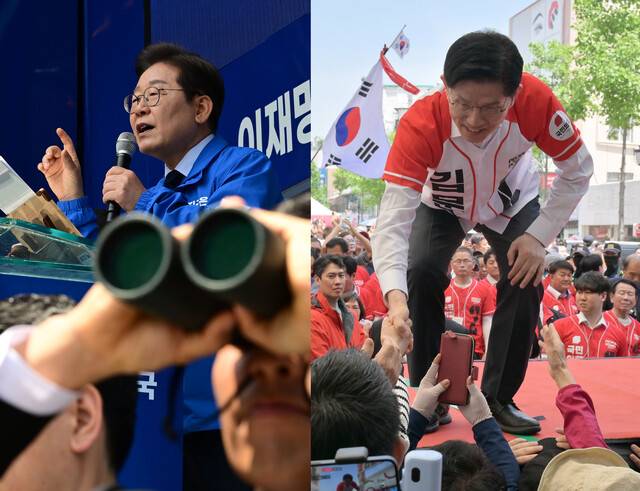 이재명 더불어민주당 대통령 후보가 13일 경북 구미역 광장에서 연설을 하는 동안 경호원이 주위를 살피고 있다.(왼쪽사진) 김문수 국민의힘 대통령 후보가 13일 울산 남구 뉴코아아울렛 앞에서 지지자들과 악수하며 지지를 호소하고 있다. 공동취재사진