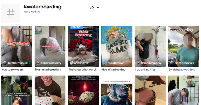 틱톡에 waterboarding을 검색했을 때 등장하는 챌린지 영상들이다. 틱톡 캡처