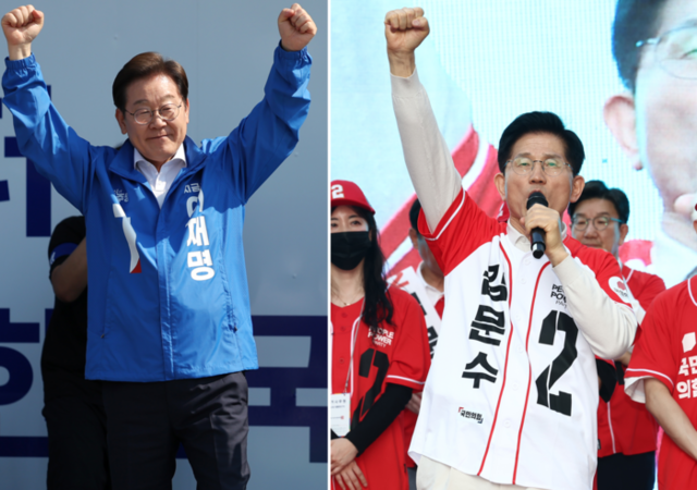 ▲ 제21대 대통령 선거 공식 선거운동 첫날인 12일 이재명(왼쪽)·김문수 대선후보가 선거운동을 하고 있다. 연합뉴스