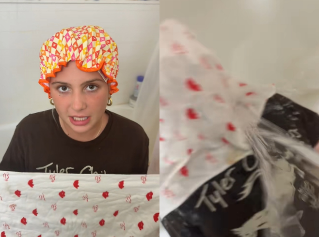 한 여성이 얼굴에 수건을 덮은 채 물을 부었다. [사진 = 틱톡 cassidydiceth]