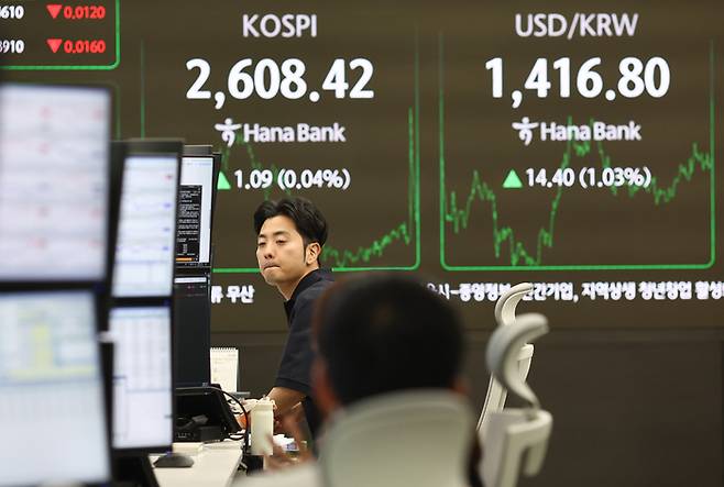 13일 서울 하나은행 본점 딜링룸에서 직원이 업무를 보고 있다. [사진 = 연합뉴스]