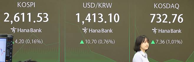 13일 서울 중구 하나은행 본점 딜링룸에서 직원들이 증시 및 환율을 지켜보고 있다.  이날 코스피는 미국과 중국의 관세전쟁 휴전 소식에도 약보합으로 장을 시작했다. 오전 9시 2분 현재 코스피 지수는 전 거래일 대비 1.83포인트(0.07%) 오른 2,609.16이다.  [연합]