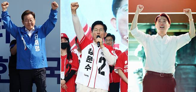 제21대 대통령 선거 공식 선거운동 첫날인 12일 대선후보들이 선거운동을 하고 있다. 왼쪽부터 이재명 더불어민주당 대선 후보, 김문수 국민의힘 대선 후보,  이준석 개혁신당 대선 후보 . [연합]