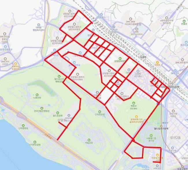 [서울=뉴시스] 서울형 정밀도로지도 시범 구축 지역(마포구 상암동 일대 약 20㎞). 2025.05.13. (자료=서울시 제공)  *재판매 및 DB 금지