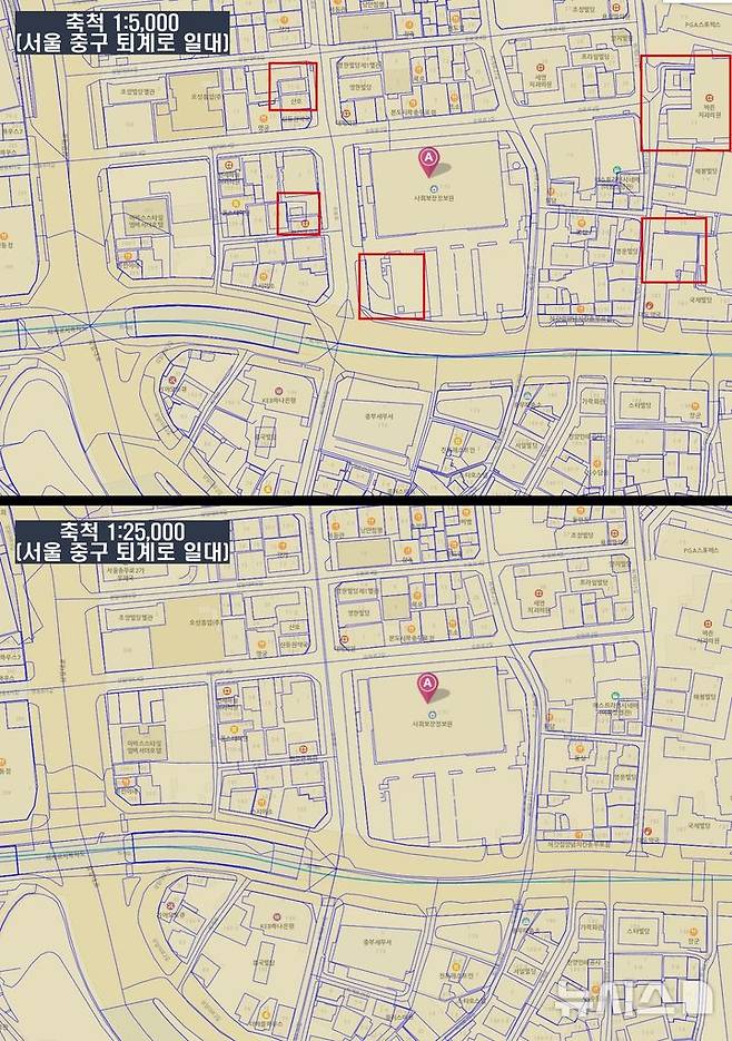 [서울=뉴시스] 국토정보플랫폼 '국토정보맵'에서 뉴시스 사무실이 위치한 서울 중구 퇴계로 173 일대를 축척 1대 5000(위쪽), 1대 2만5000(아래쪽) 수치지도(파란색 선)를 일반 지도 위에 표현한 모습. 1대 5000과 1대 2만5000 지도를 비교한 결과 세부 건물 형태, 규모가 작은 건물, 폭이 짧은 길(빨간색 네모)을 제외하고는 주요 건물, 도로를 확인할 수 있다. (사진=국토정보플랫폼 '국토정보맵' 캡처)